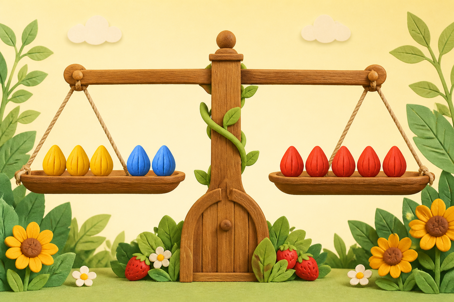 A whimsical garden balance gate showing equality