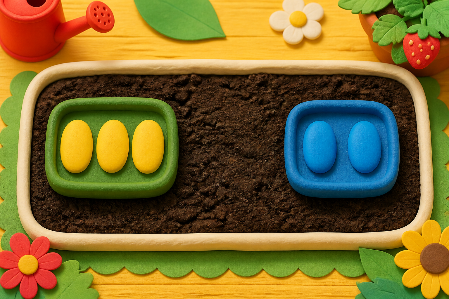 Three yellow seeds and two blue seeds in a garden bed